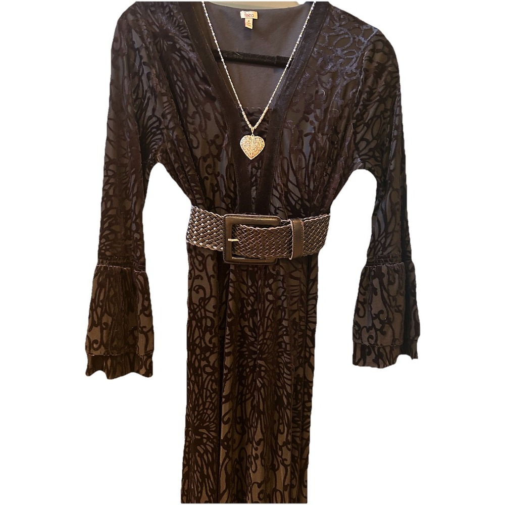 REBA LET IT SHINE‎ Dress Burnout VELVET Bell Ruffle Sleeve Dress V-Neckline Maxi